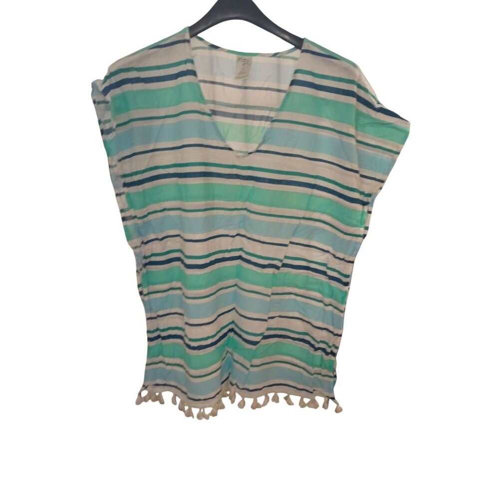 Kona Sol Cover Up Shirt Multicolor Size Small Striped Cap Sleeve Tasseled Swim